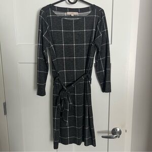 LOFT Charcoal Grey Windowpane Plaid Tie-Waist Dress, S